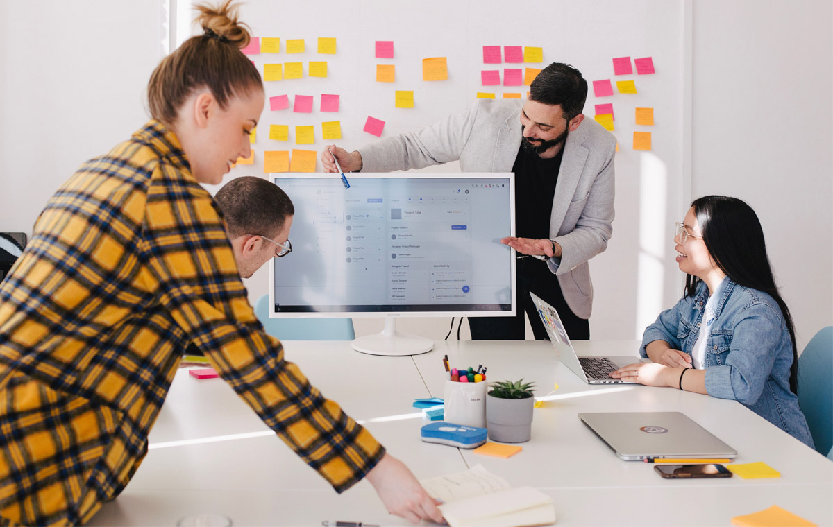 Team working collaboratively in an office.