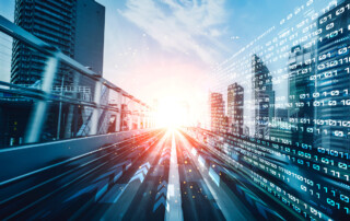 Digital data flow on a city road with motion blur to create a concept of fast speed internet and data transfer.