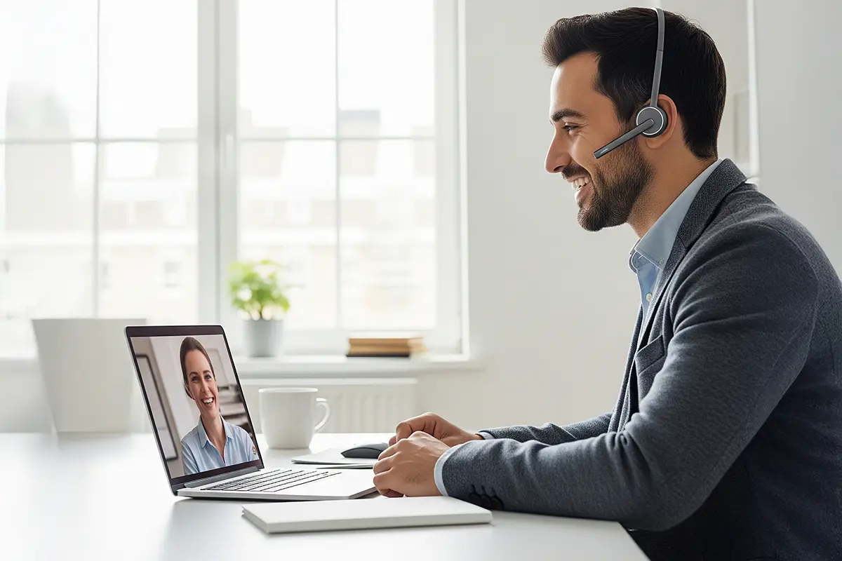 Smiling man in headset on video call in bright office with laptop, coffee mug, and natural light—remote work and virtual communication concept